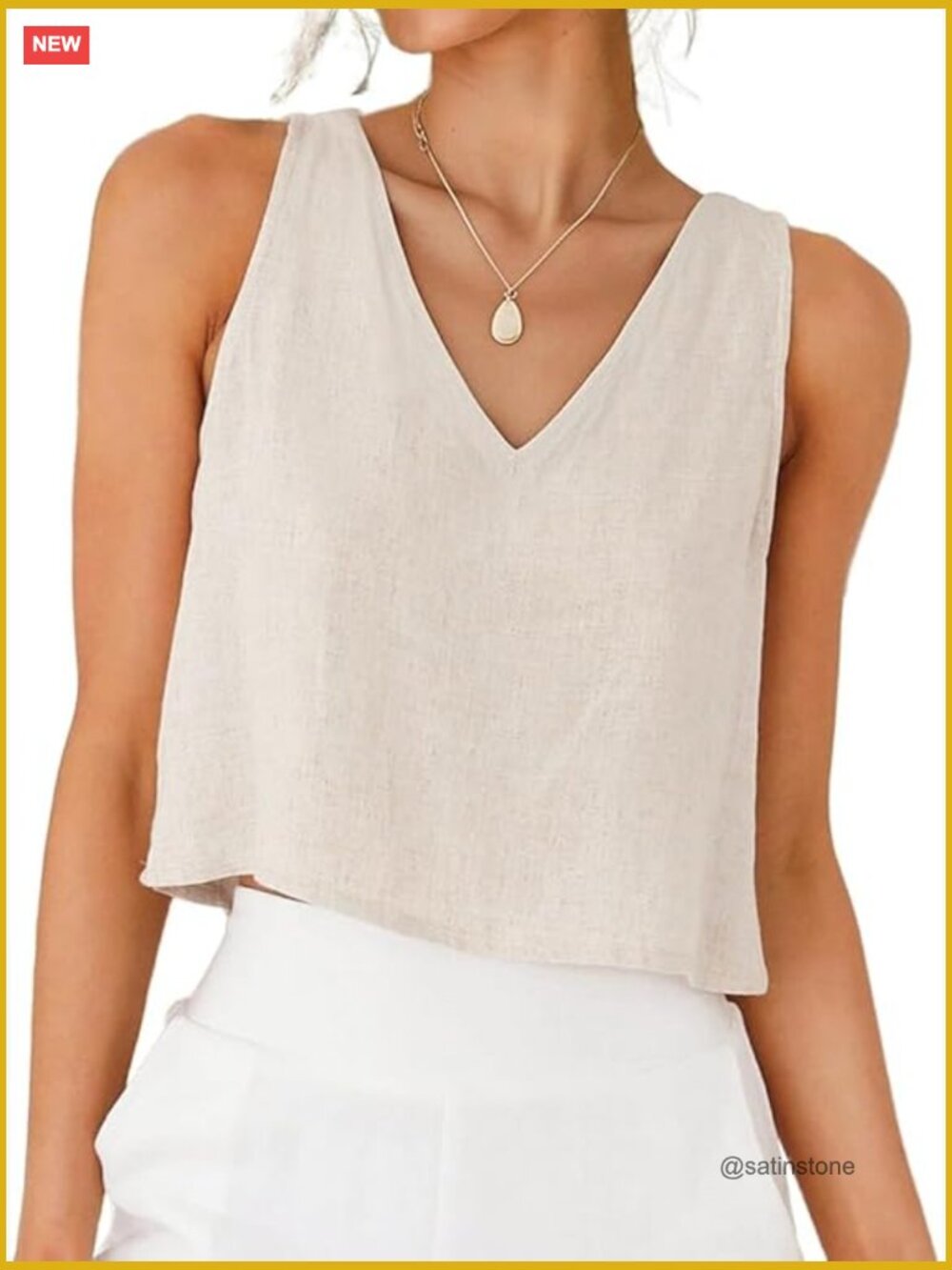 Women's V Neck Cropped Linen Blend Tank Top Sleeveless Summer Shirt